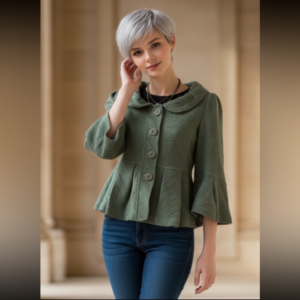 ALLIHOP Anthropologie Jacket Blazer Slubbed Cropped Terry Peplum Green
